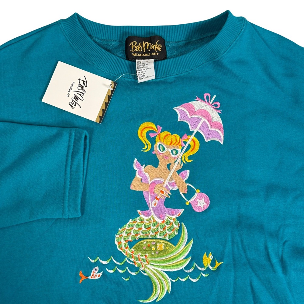 Bob Mackie Wearable Art Mermaid Embroidered Sweatshirt Teal Blue Womens 2X NWT